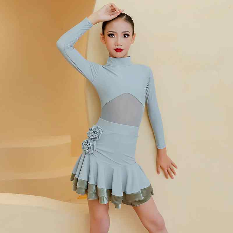 Grey Boneless Latin Dance Dresses for Girls Kids Flowers Long Sleeve Salsa Chacha Latin Ballroom Exam Competition Performance Skirt - Moderndancedress.com