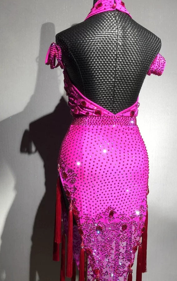 Custom Hot Pink Latin Dance Dress with Rhinestones & Fringe Blue Ballroom Competition Outfit