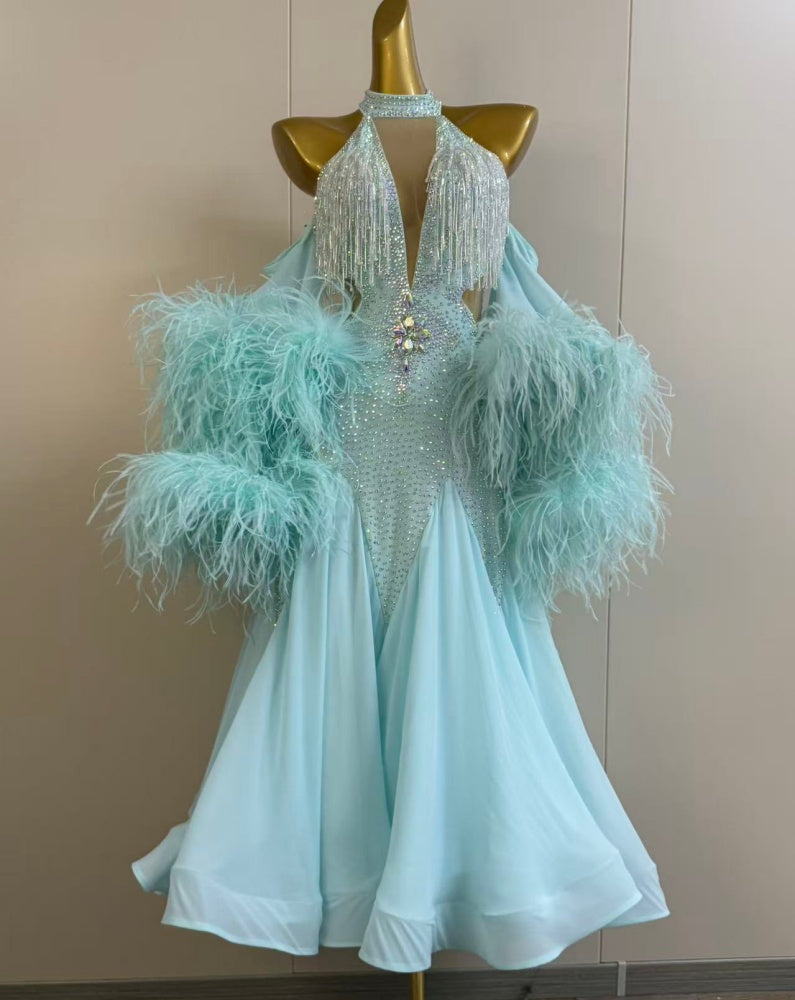 Custom Mint Green Ballroom Dance Dress Feather Waltz Competition Gown