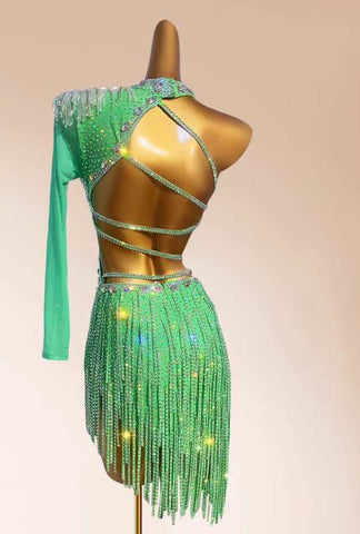 Custom size green fringed rhinestones Latin dance dress for women girls kids children salsa rumba chacha dance solo dance flower clothes blackpool art clothes - Moderndancedress.com