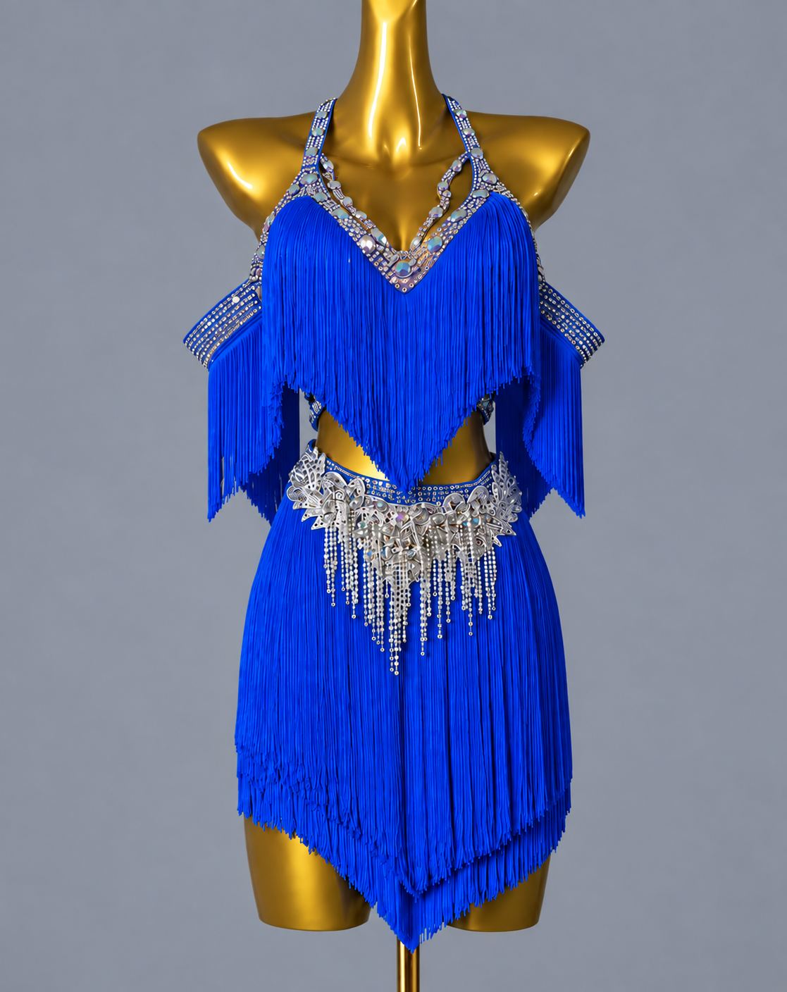 Custom Turquoise Competition Latin Dance Dress Crystal Rhinestone Fringe