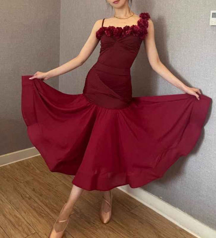 Women girls One Shoulder Slant Neck Flowers Ballroom Dance Dresses  Burgundy Black Waltz Tango Foxtrot Smooth Dance Rhythm Performance Long Skirts - Moderndancedress.com