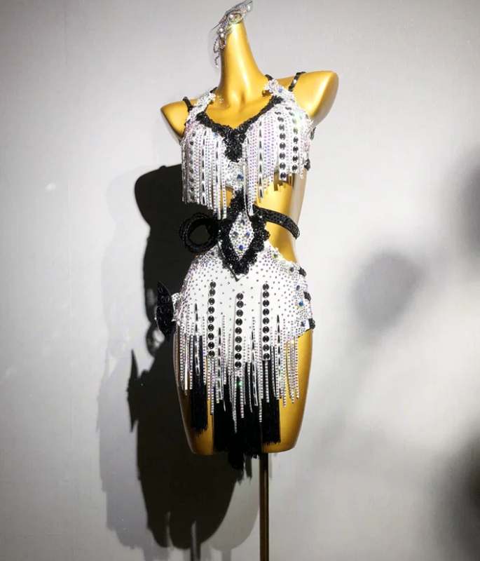 Custom Size White with Black Rhinestones Competition Latin Dance Dress Black Pool Dance Costume