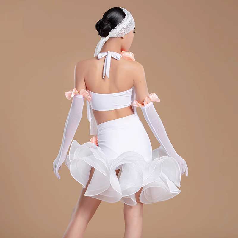 White with Pink Flowers Ballroom Latin Dance Dresses for Kids Girls Salsa Ballroom Chacha Party Performance Ball Gown for Children - Moderndancedress.com