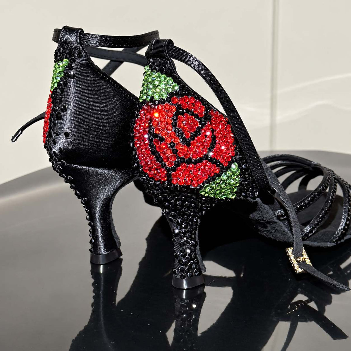 Black Latin Dance Shoes with Red Rose Rhinestone Heel Salsa Chacha Performance Sandal