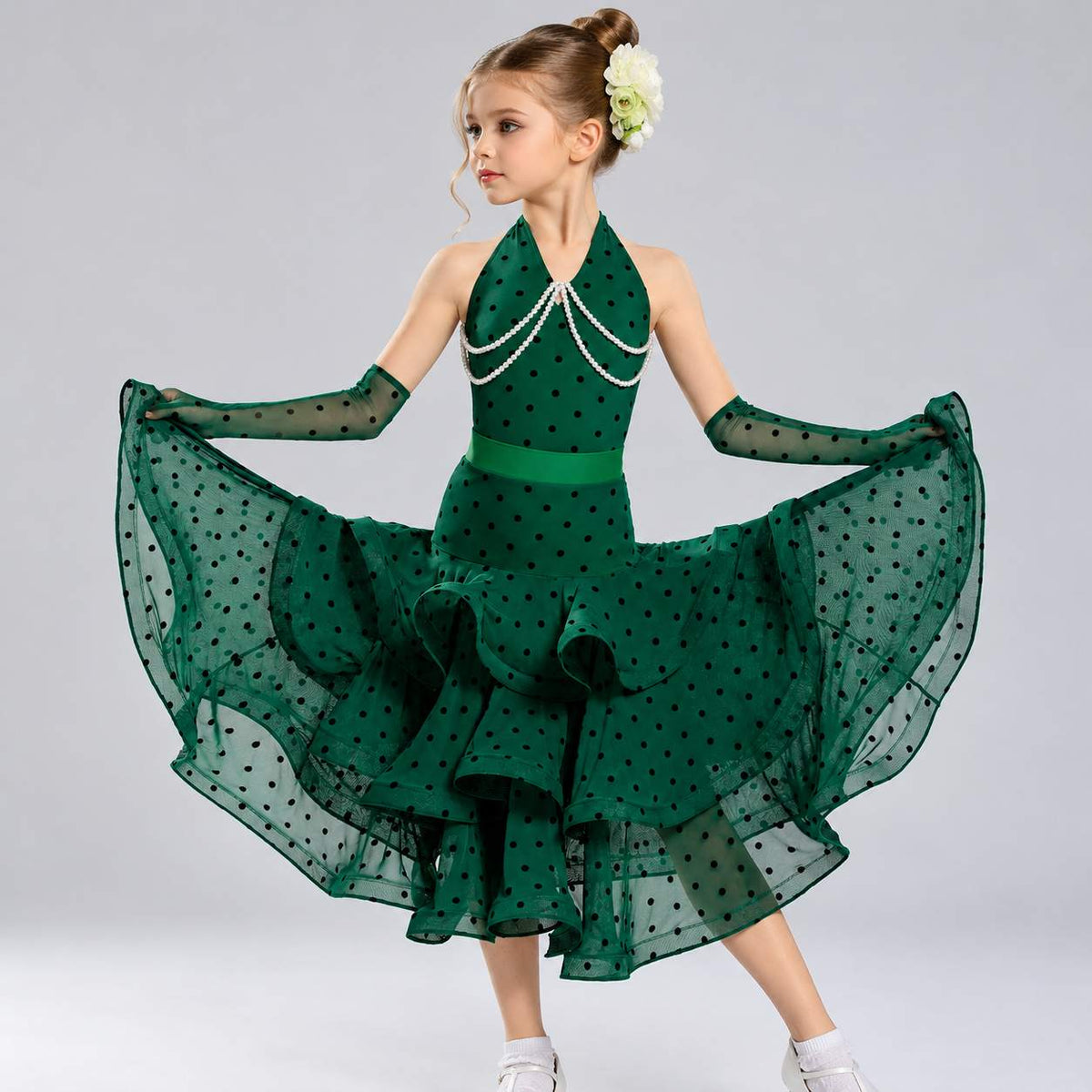 Girls Ballroom Dance Dress - Kids Emerald Green Polka Dot Waltz Tango Gown