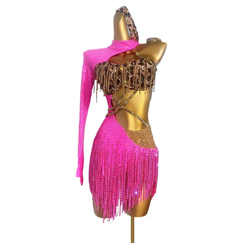 Custom Size Fuchsia Leopard Competition Latin Dance Dresses for Women Girls Salsa Rumba Chacha Dance Wear