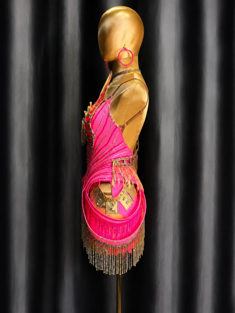 Custom Orange Latin Dance Dress for Competition | Gold Rhinestone Fringe Blackpool Costume