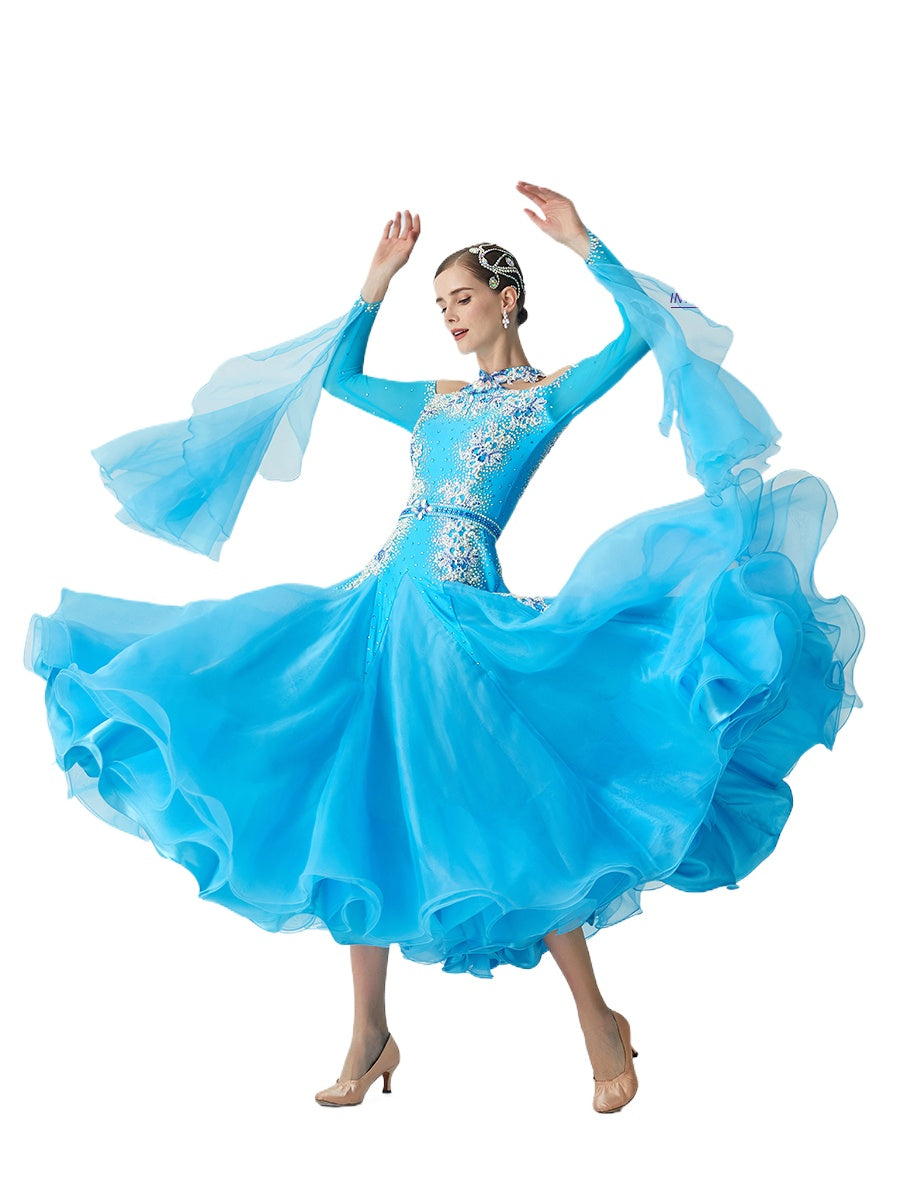 Custom Size Competition Ballroom Dance Dresses for Women Turquoise Color Hollow Shoulder Waltz Tango Foxtrot Rhythm National Dance Gown - Moderndancedress.com