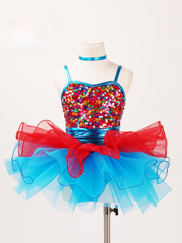 Children toddlers Blue red sequins ballet dance dress tutu skirt sparkle jazz performance costumes festival catwalks singing outfits for kids