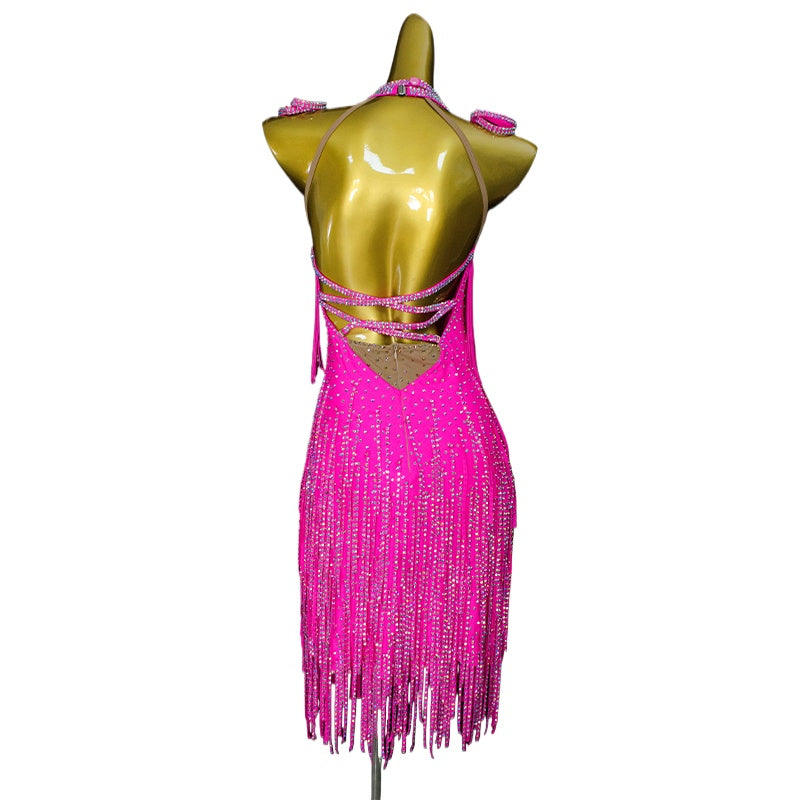 Custom Size Fuchsia Pink Competition Latin Dance Dresses Tassels Salsa Rumba Chacha Dance Costumes for Women