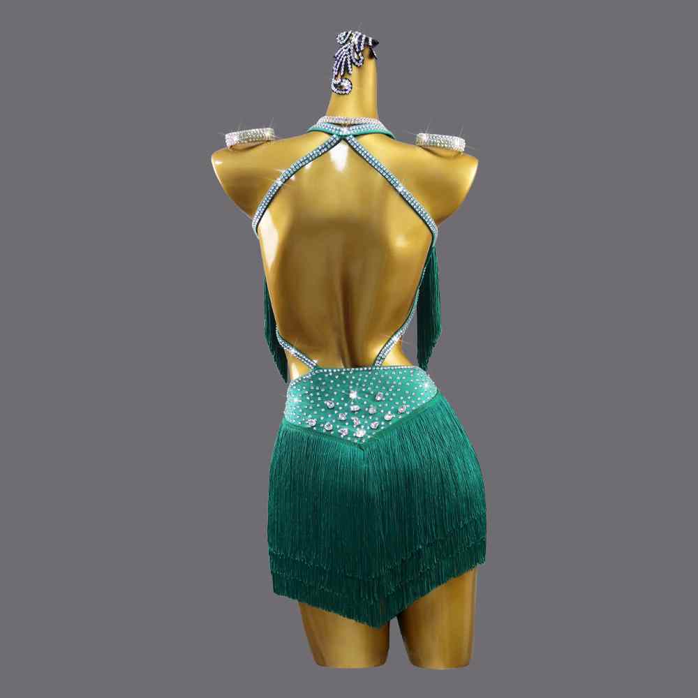 Dark Green Fringe Rhinestones Latin Dance Competition Dresses for Women Girls Professional Salsa Rumba Dance Performances Outfits - Moderndancedress.com