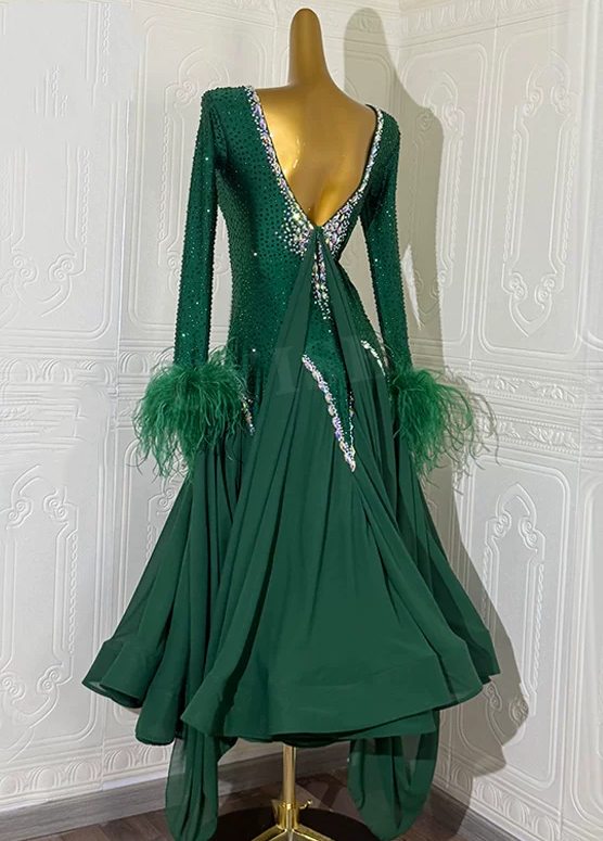 Custom Emerald Green Competition Ballroom Dance Dress Waltz Tango Smooth Dance Gown