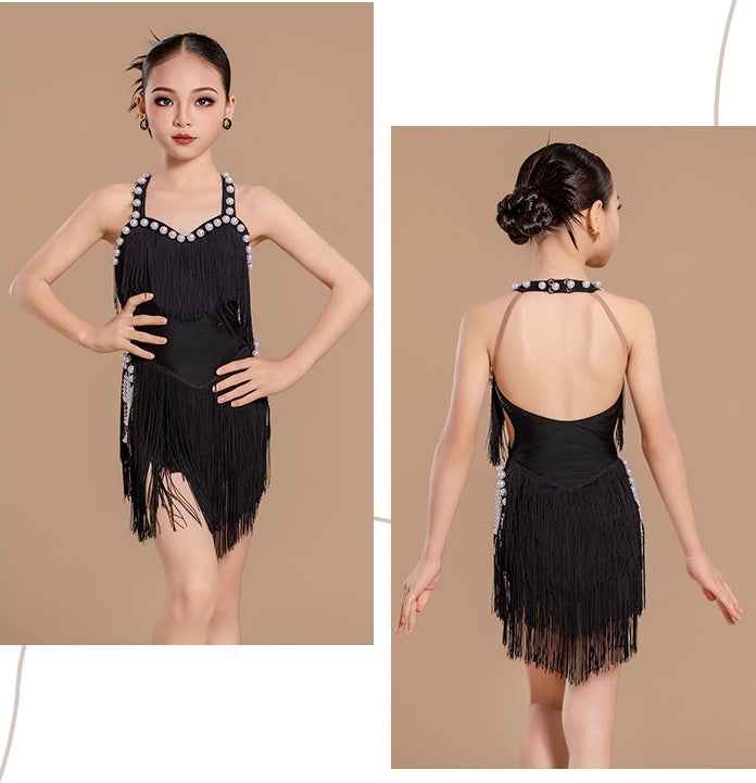Girls Latin Dance Dresses Pink Black Fashion Pearl Fringed Latin Salsa Rumba Chacha Performance Costumes