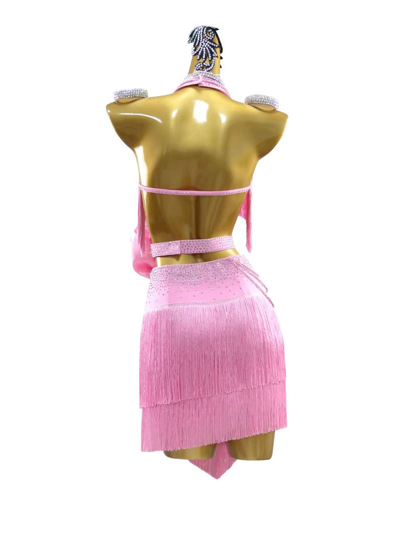 Pink Fringe Latin Dance Dress for Women Girls Diamond Salsa Rumba Chacha Ballroom Competition Costumes - Moderndancedress.com