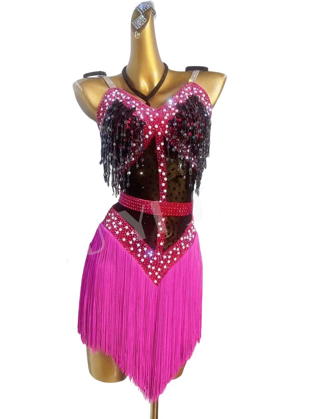 Custom Size Black Hot Pink Fringe Competition Girls Latin Dance Dresses for Women Girls Rhinestones Salsa Rumba Chacha Performance Costumes