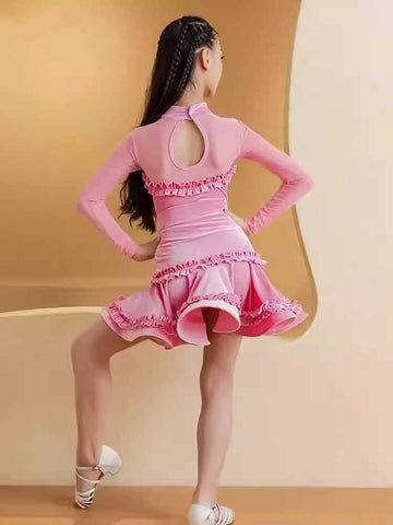Pink Green Velvet Lace Latin Dance Dresses for Girls Kids Salsa Rumba Chacha Ballroom Professional Dance Performance Competition Outfits for Children - Moderndancedress.com
