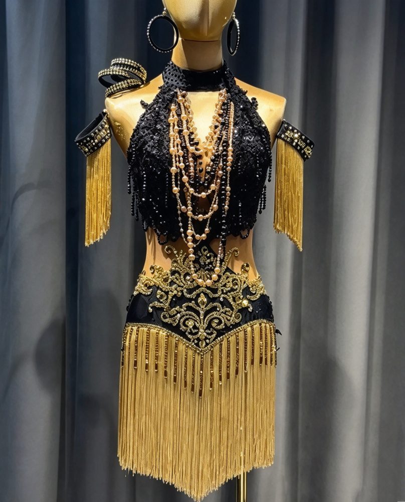 Custom Size Black & Gold Fringe Latin Dance Dress with Pearls