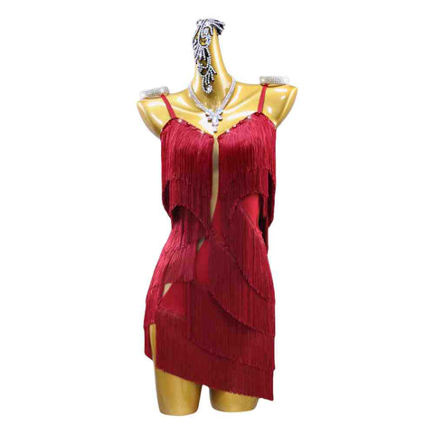Professional Burgundy Fringe Latin Dance Dress for Women Girls Rhinestones Salsa Chacha Handmade Dancing Costumes Blackpool Samba Art Exam - Moderndancedress.com
