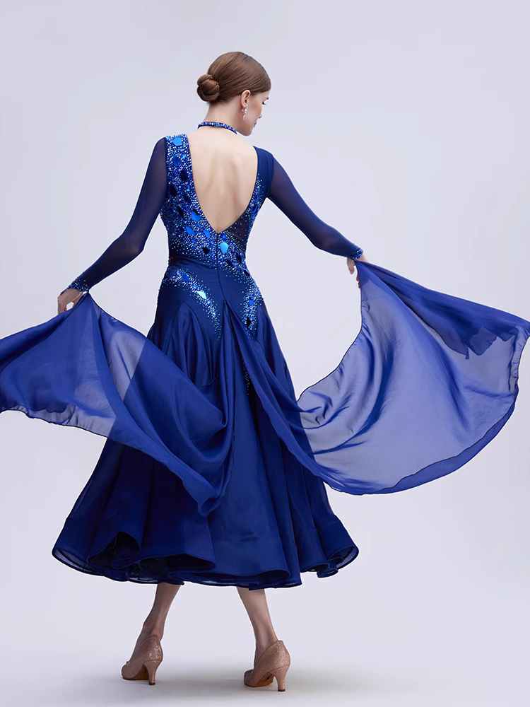 Custom Size Competition Ballroom Dance Dresses for Women Blue Standard Waltz Tango Performance Long Gown