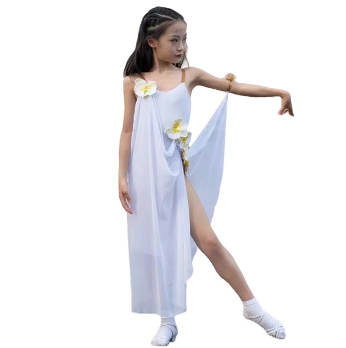 Girls kids white flowy latin dance dresses salsa rumba chacha stage performance costumes for children solo dance flower suit - Moderndancedress.com