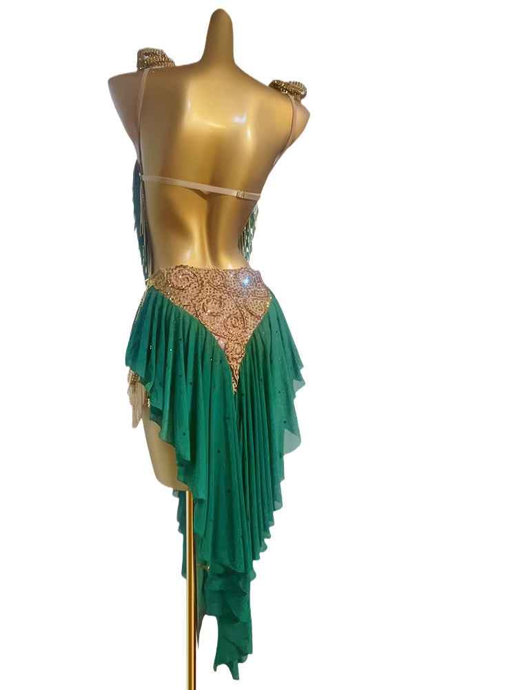 Custom Size Leopard Dark Green Competition Latin Dance Dresses Salsa Rumba Blackpool Dance Costumes
