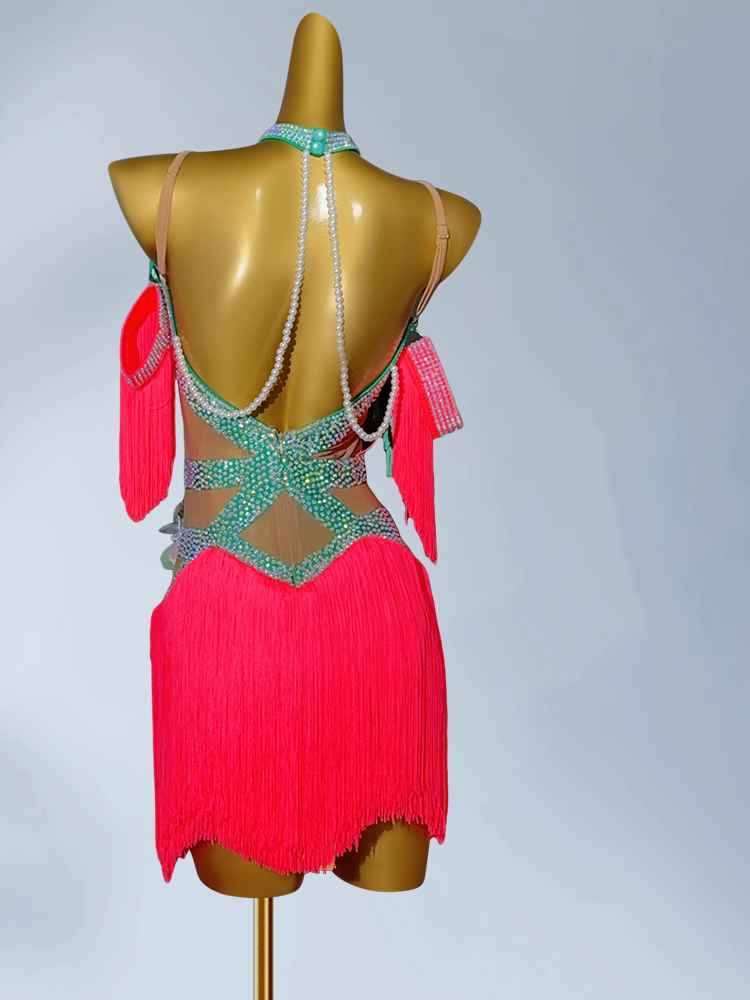 Custom Size Green with Pink Competition Latin Dance Dresses for Women Girls Salsa Rumba Cha Cha Solo Dance Fringed Skirt