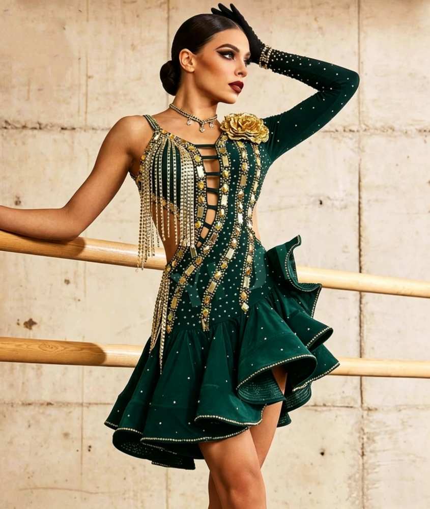 Custom Size Emerald with Gold Competition Latin Dance Dress Blackpool Performance Costumes