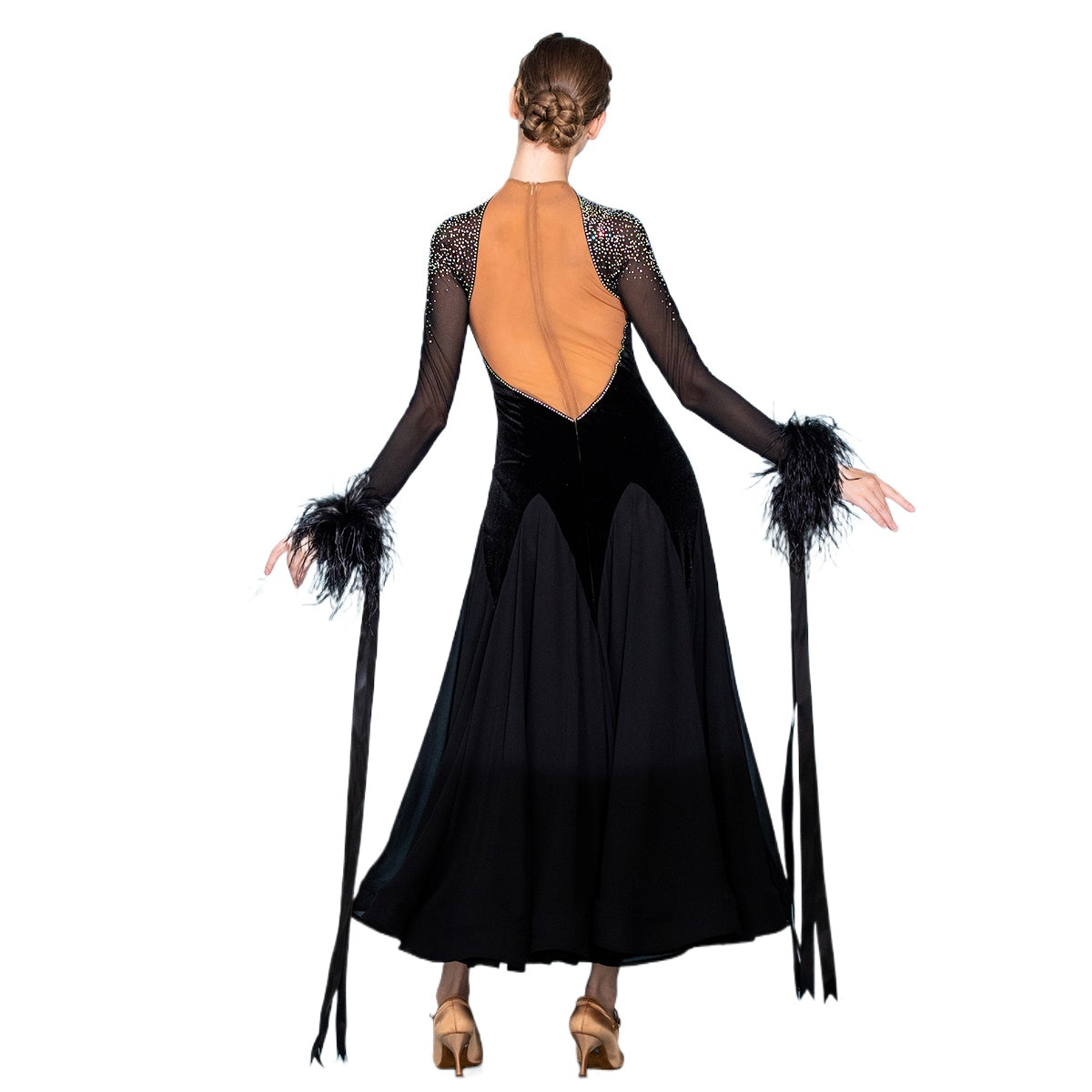 Competition Black Velvet Ballroom Dance Dresses for Women Girls Feather Bling Waltz Tango Modern Dance Skirt - Moderndancedress.com
