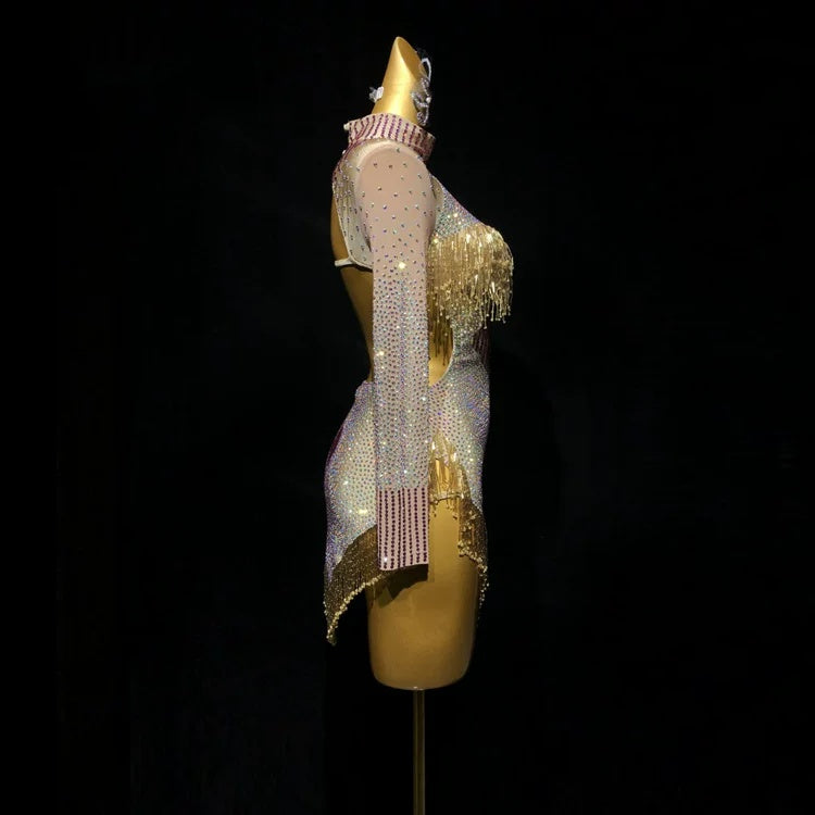 Custom Size Gold Bling Fringe Competition Latin Dance Dress Salsa Chacha Blackpool Perform Costume