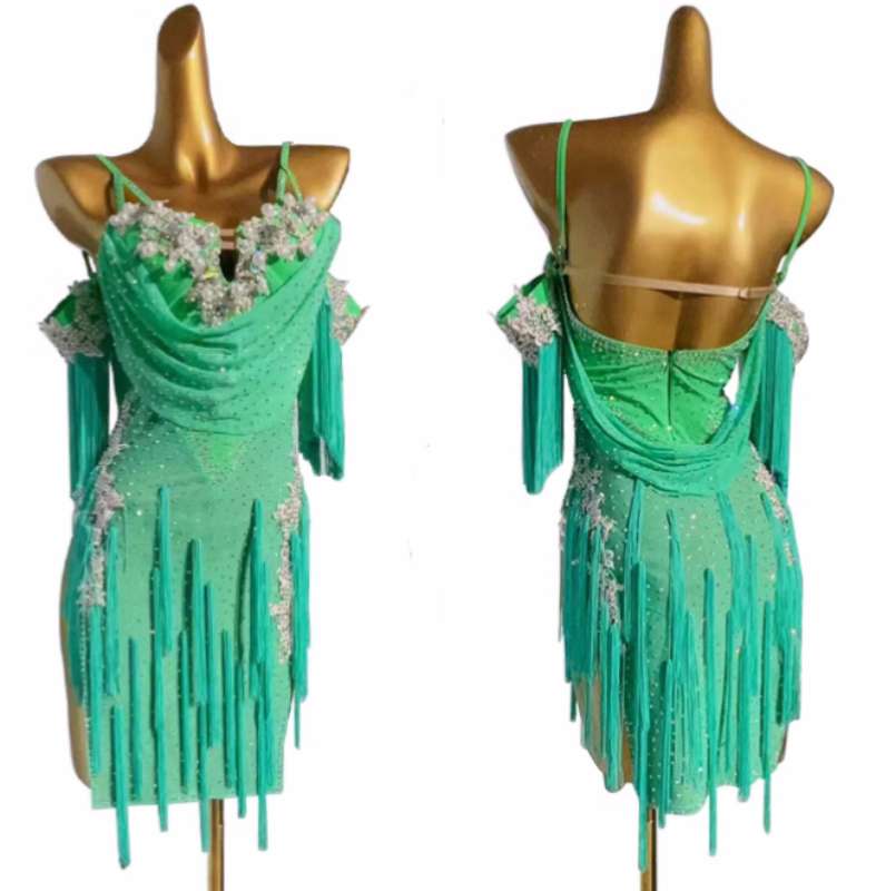 Custom size mint green Latin dance dresses for women kids  girls competition salsa rumba chacha performance costumes solo dancewear art test - Moderndancedress.com
