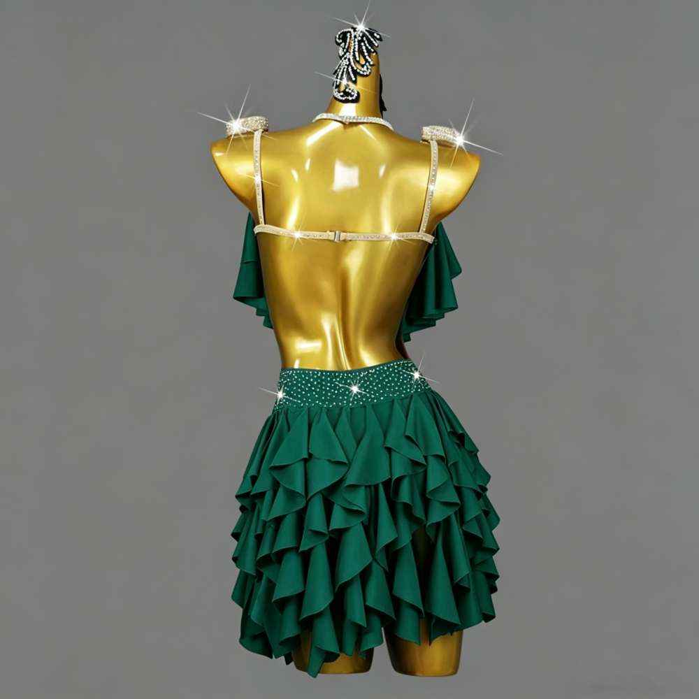 Women's Emerald Green Fringe Latin Dance Dress Ruffles Flowy Salsa Chacha Performance Costumes
