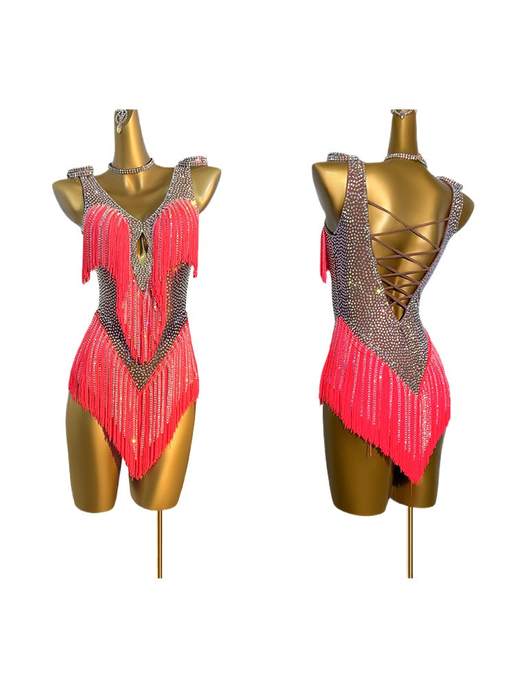 Custom Size Gemstones Red Fringe Latin Dance Dresses for Women Girls Salsa Rumba Chacha Performance Skirts - Moderndancedress.com
