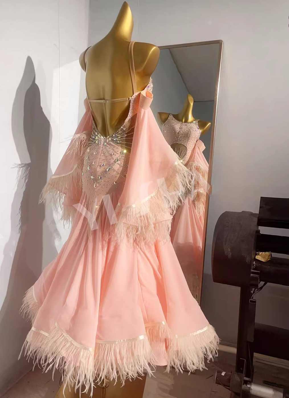 Custom Size Pink Feather Competition Ballroom Dance Dress Waltz Tango Smooth Dancing Gown