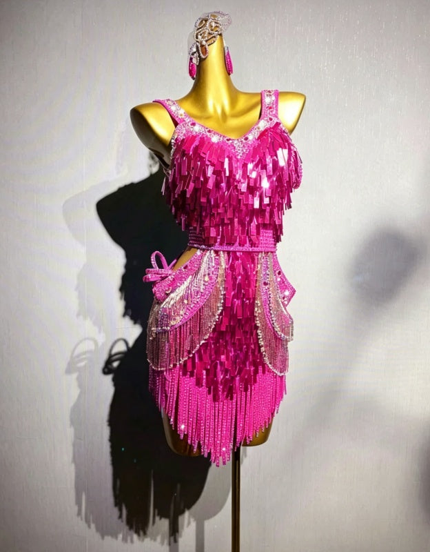 Custom Size Competition Turquoise Latin Dance Dress Bling Fringe Fuchsia Blackpool Performance Clothes