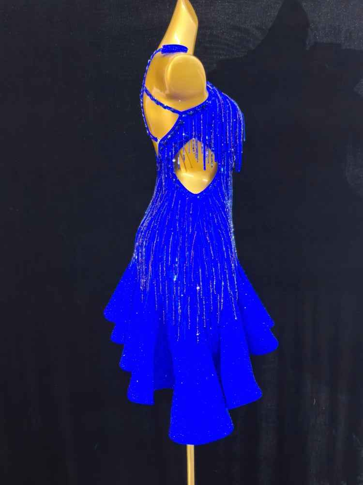 Custom Size Women's Royal Blue Latin Dance Dresses Bling Fringe Salsa Chacha Dance Costumes