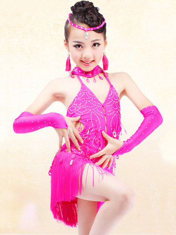 Girls tassel Latin dance dresses fuchsia hot pink violet children's competition cha cha samba Latin dance outfits for kids - Moderndancedress.com