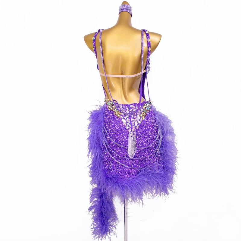 Custom Competition Feather Latin Dance Dress Royal Blue Red Fuchsia Pink Blackpool Salsa Samba Dance Clothes