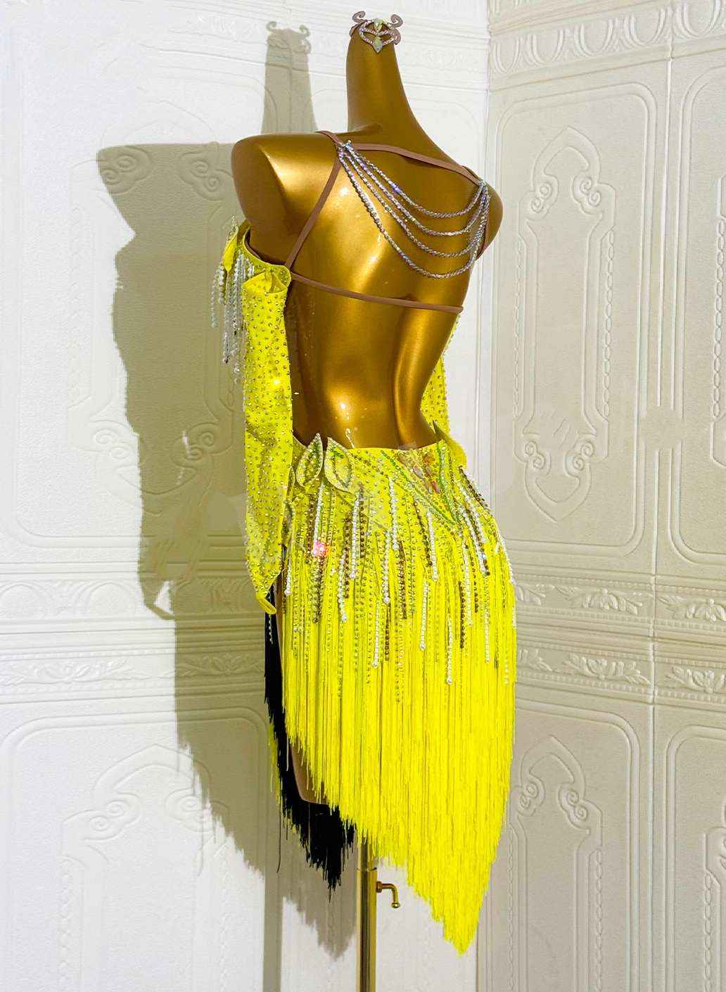Custom Size Wome's Yellow Latin Dance Dresses Petals Fringe Bling Salsa Costumes