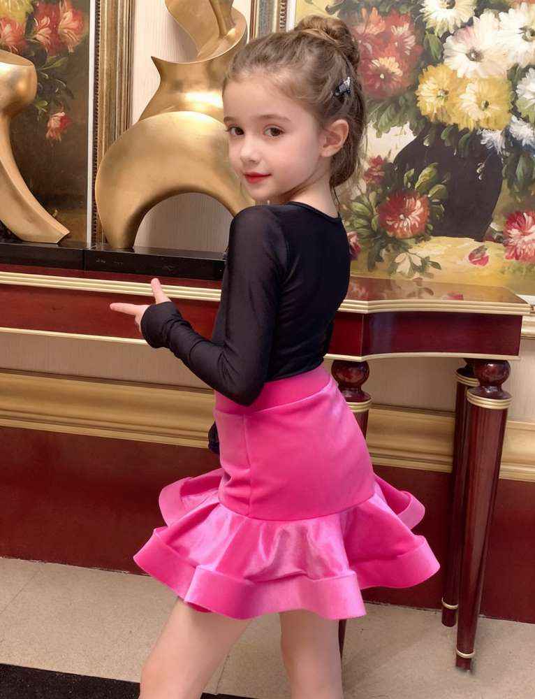 Girls Latin Dance Dresses Kids Hot Pink Velvet Skirts Salsa Rumba Chacha Performance Clothes Party Dance Costumes