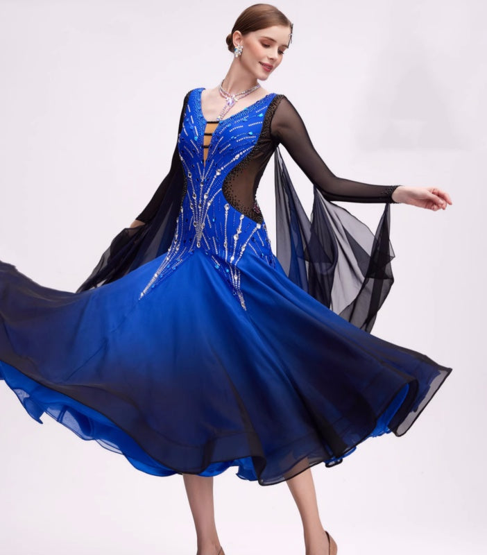 Custom Size Blue Gradient Competition Ballroom Dance Dresses for Women Girls Waltz Tango Social Dance Gown - Moderndancedress.com
