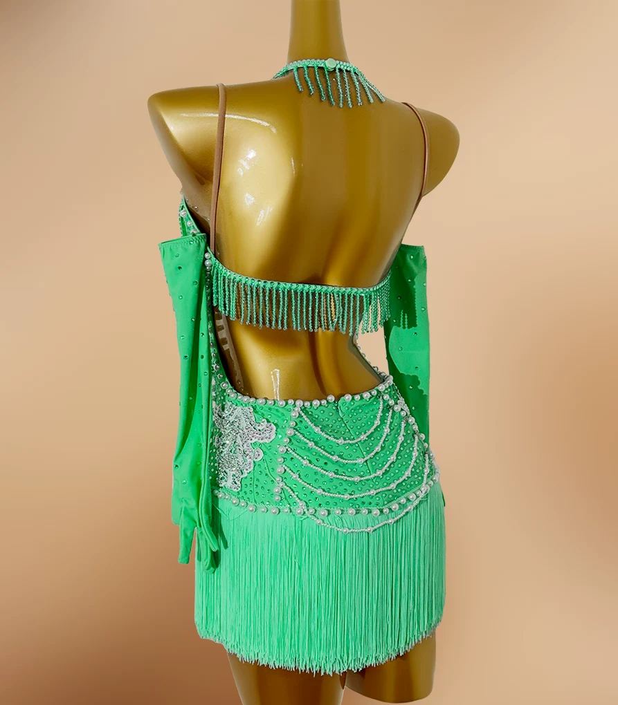 Custom Competition Green Latin Dance Dress with Fringe & Rhinestones Hot Pink Salsa Costume