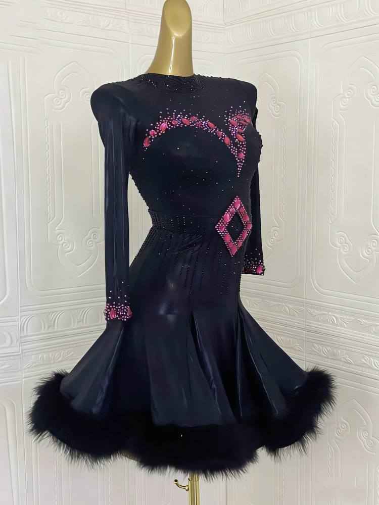 Custom Size Black Feather Women's Latin Dance Dresses Pink Diamond Rumba Chacha Dance Clothes