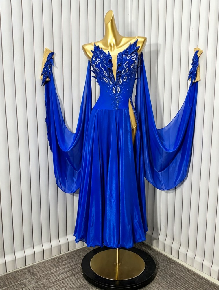 Custom Blue American Smooth Ballroom Dance Dress with Floating Sleeves | Crystal Gown