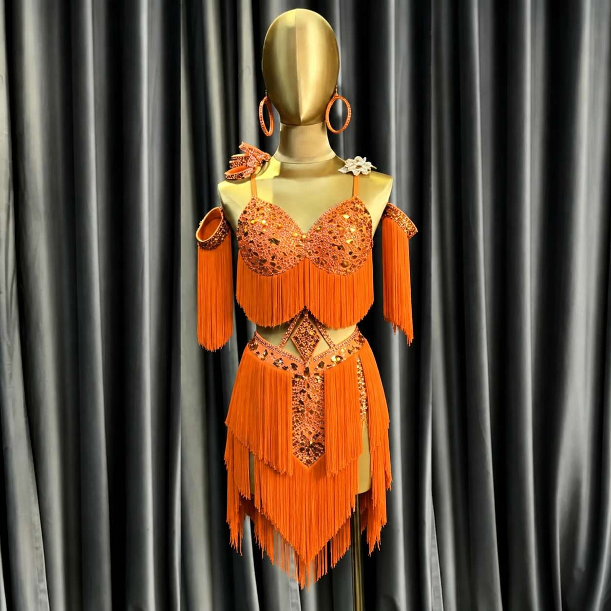 Custom Turquoise & Orange  Latin Competition Dress Sparkling Fringe Tassel Style