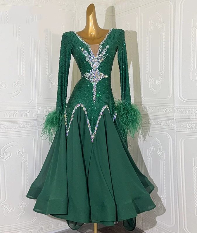 Custom Emerald Green Competition Ballroom Dance Dress Waltz Tango Smooth Dance Gown