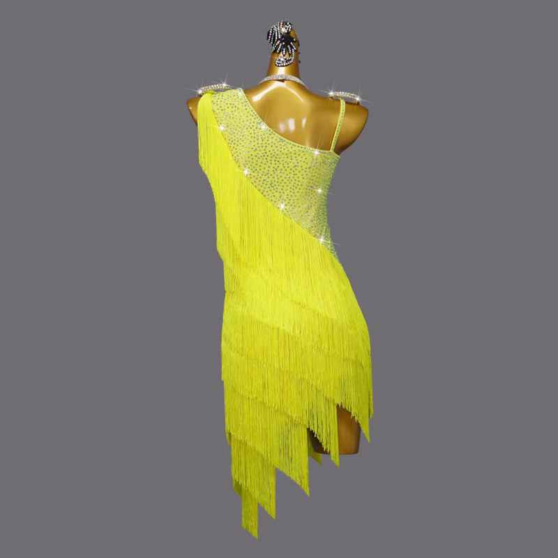 Yellow Fringe Competition Latin Dance Dresses for Women Girls One shoulder Salsa Rumba Chacha  Senior Dance Costumes - Moderndancedress.com