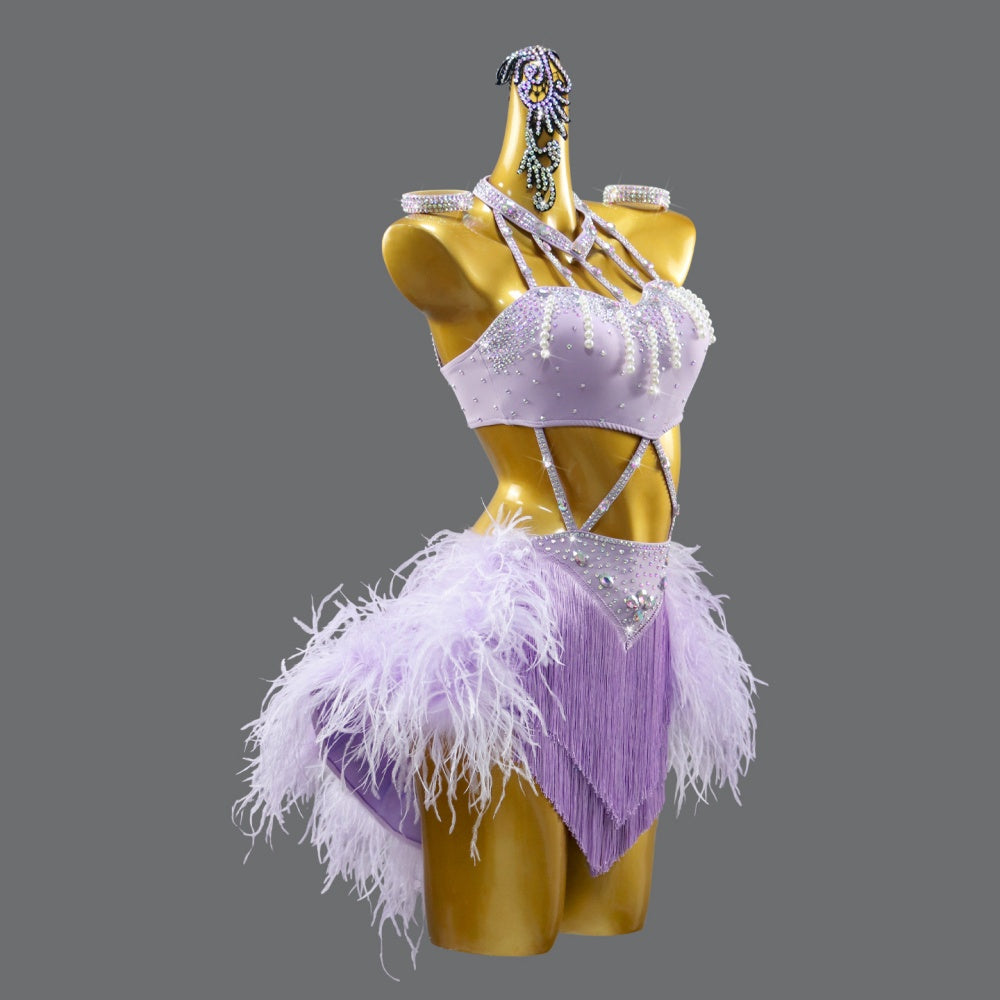 Custom Size Lavender Purple Latin Dance Competition Dress with Ostrich Feathers  Rhinestone Fringe for Women