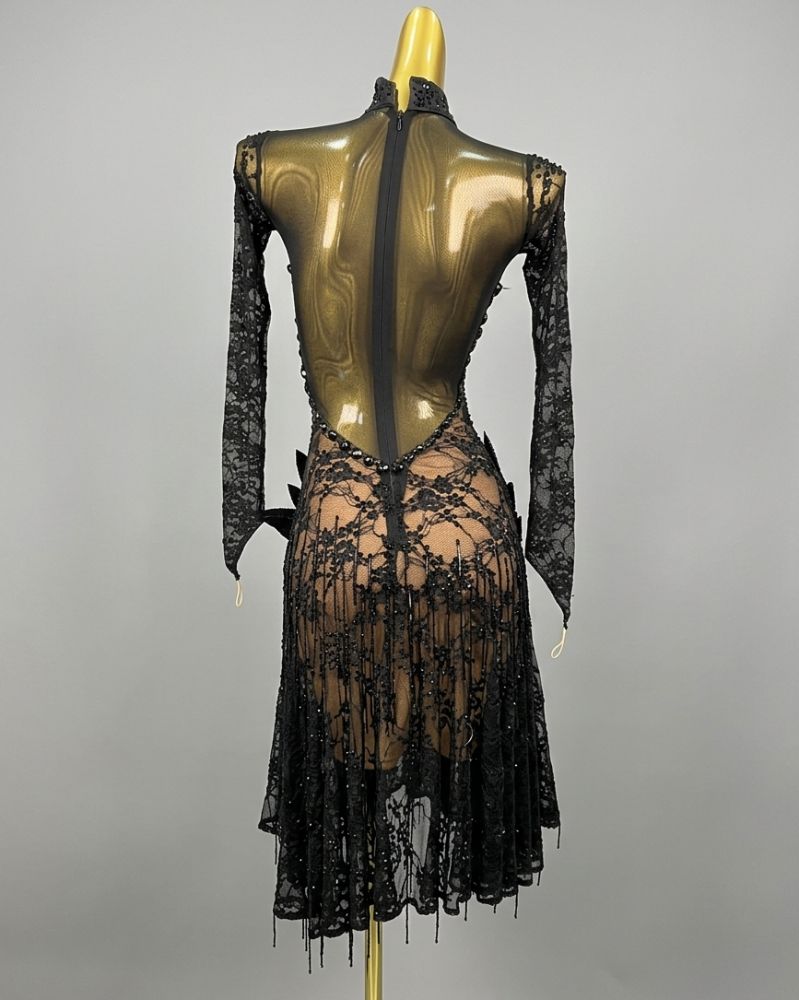 Custom Black Lace Latin Dance Dress for Competition Long Sleeves