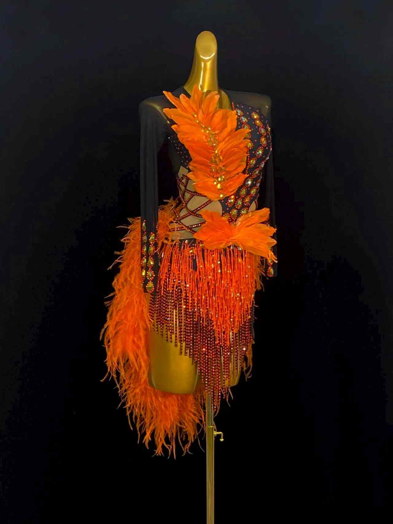 Custom Size Latin Dance Dresses  for Women Orange Feather Salsa Rumba Chacha Samba Latin Dance Skirt Performance Costumes